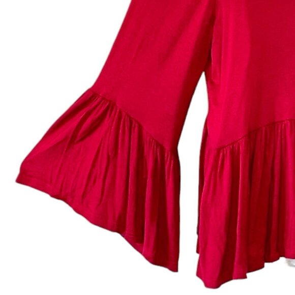 Cacia Red Boxy Crop Top with Scoop Neck Ruffled Bell Sleeve and Peplum Hem  Med - Picture 3 of 8